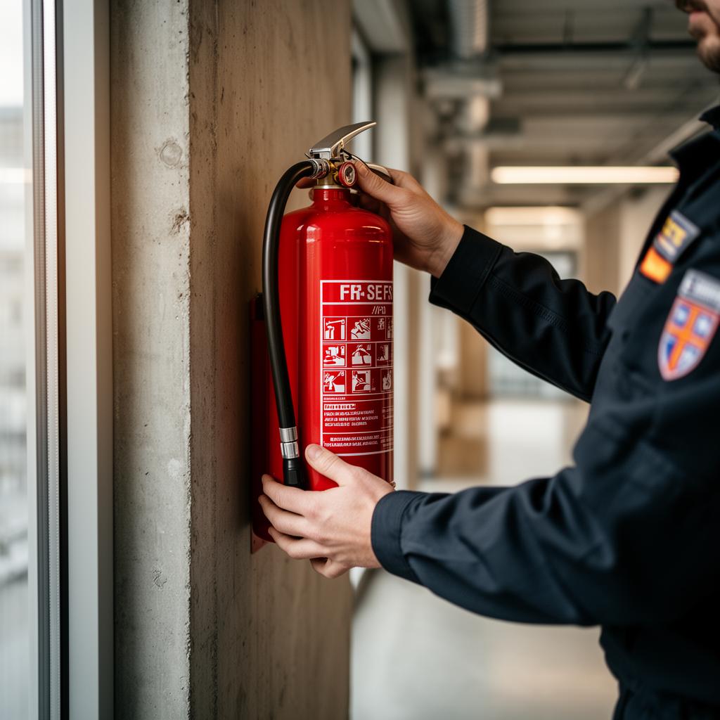 Brandskyddstekniker inspekterar brandsläckare