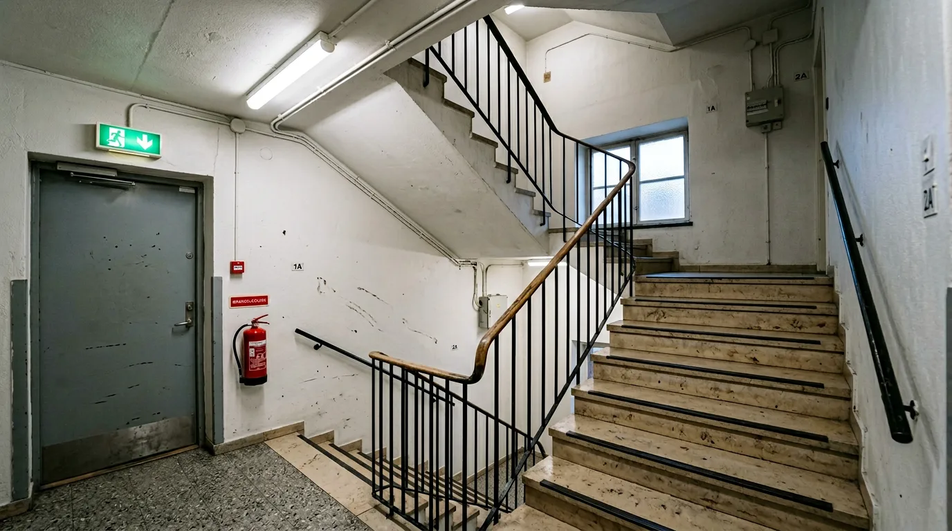 Modernt trapphus med nödbelysning och utrymningsskylt